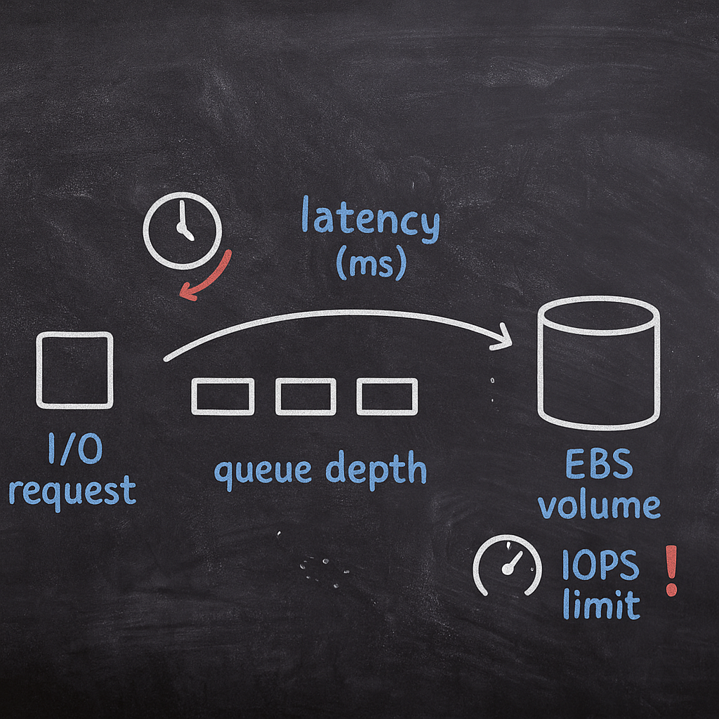 Blackboard-style diagram of EBS latency: I/O request to EBS volume with queue depth and IOPS limit indicator.