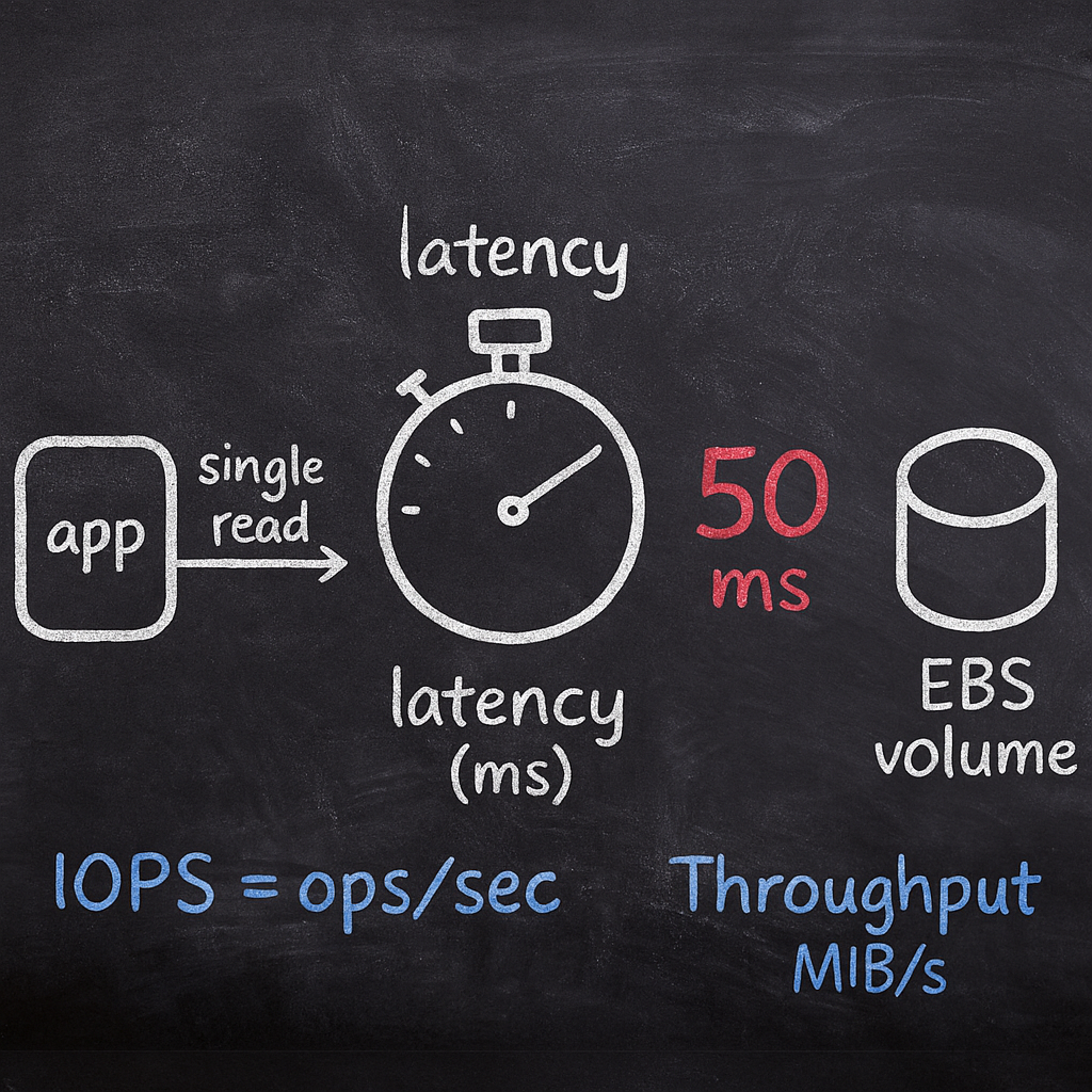 Blackboard-style chart of CloudWatch EBS metrics: latency stopwatch, IOPS (ops/sec) and throughput (MiB/s).