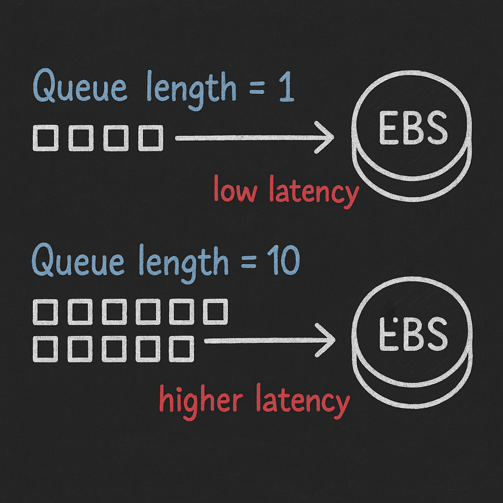 Blackboard-style comparison of queue length 1 vs 10 showing lower vs higher EBS latency.