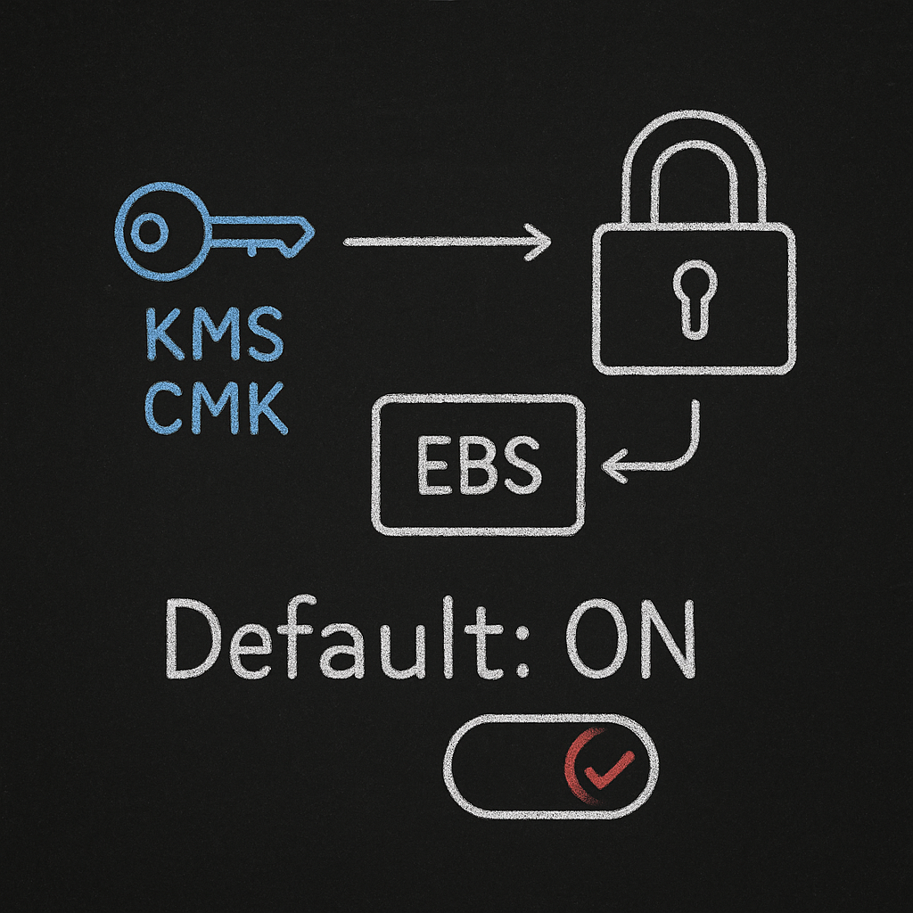 Blackboard chalk: Use AWS KMS CMK for default EBS encryption (key to lock, EBS, default ON)