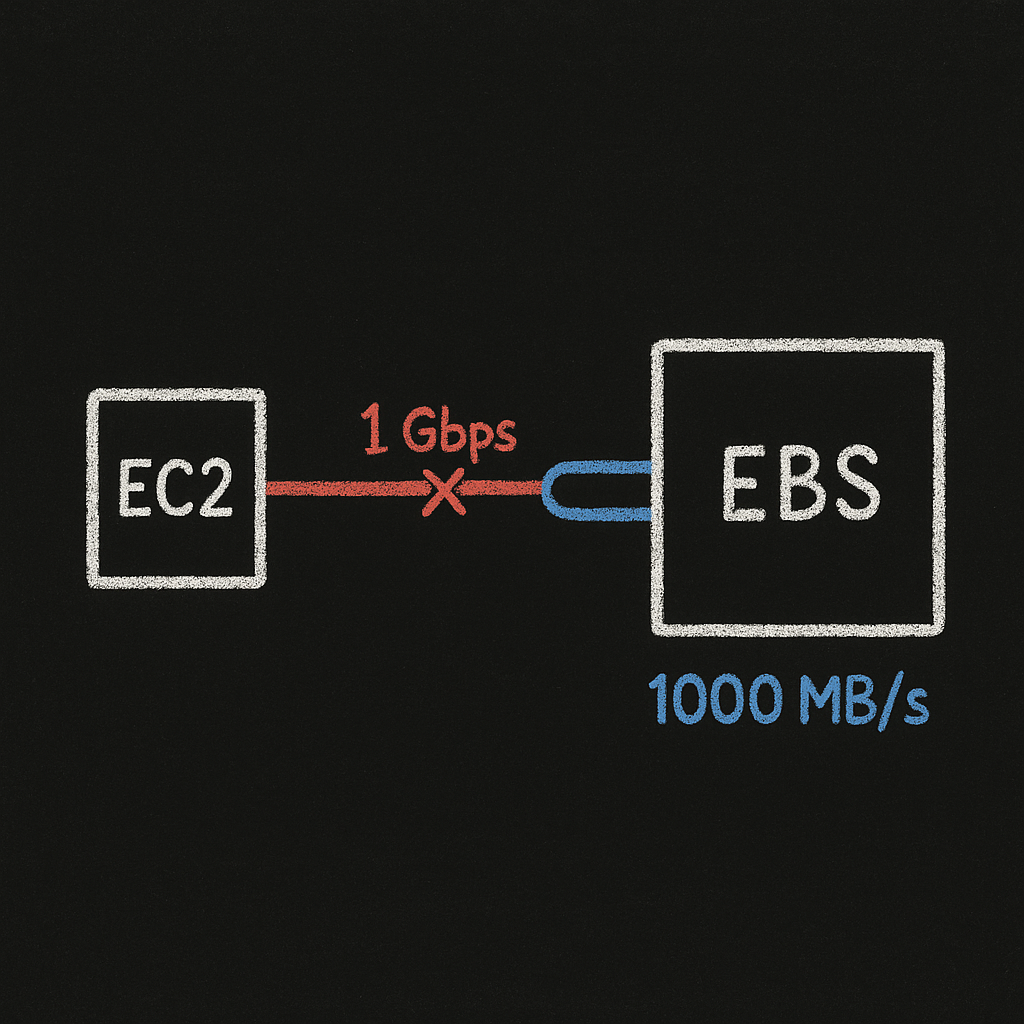 Blackboard chalk: EC2–EBS throughput mismatch bottleneck (1 Gbps vs 1000 MB/s)