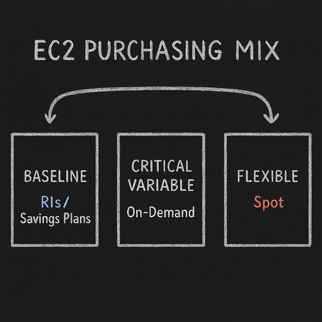 Chalkboard diagram of EC2 purchasing mix: RIs/Savings Plans for baseline, On-Demand for critical variable, Spot for flexible