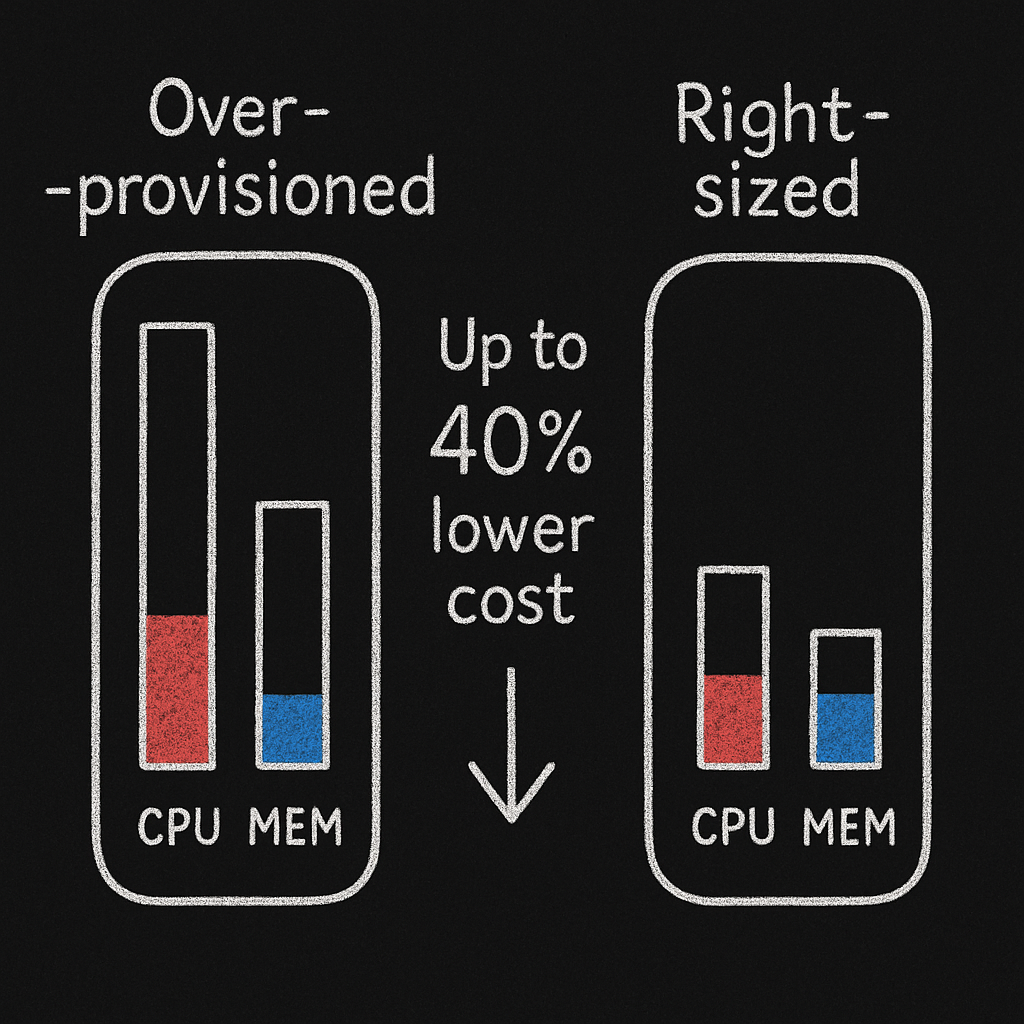 Chalkboard illustration showing EC2 rightsizing reduces costs by up to 40% (CPU vs MEM bars)