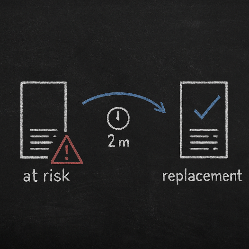 Automated interruption handling with 2-minute notice: replace at-risk instance (minimal chalk diagram)