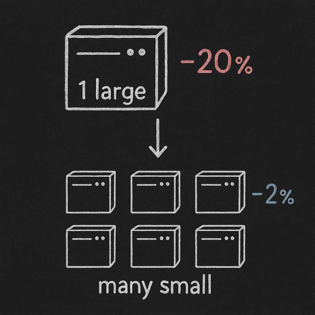 Horizontal scaling: many small instances reduce impact compared to one large instance (minimal chalk diagram)