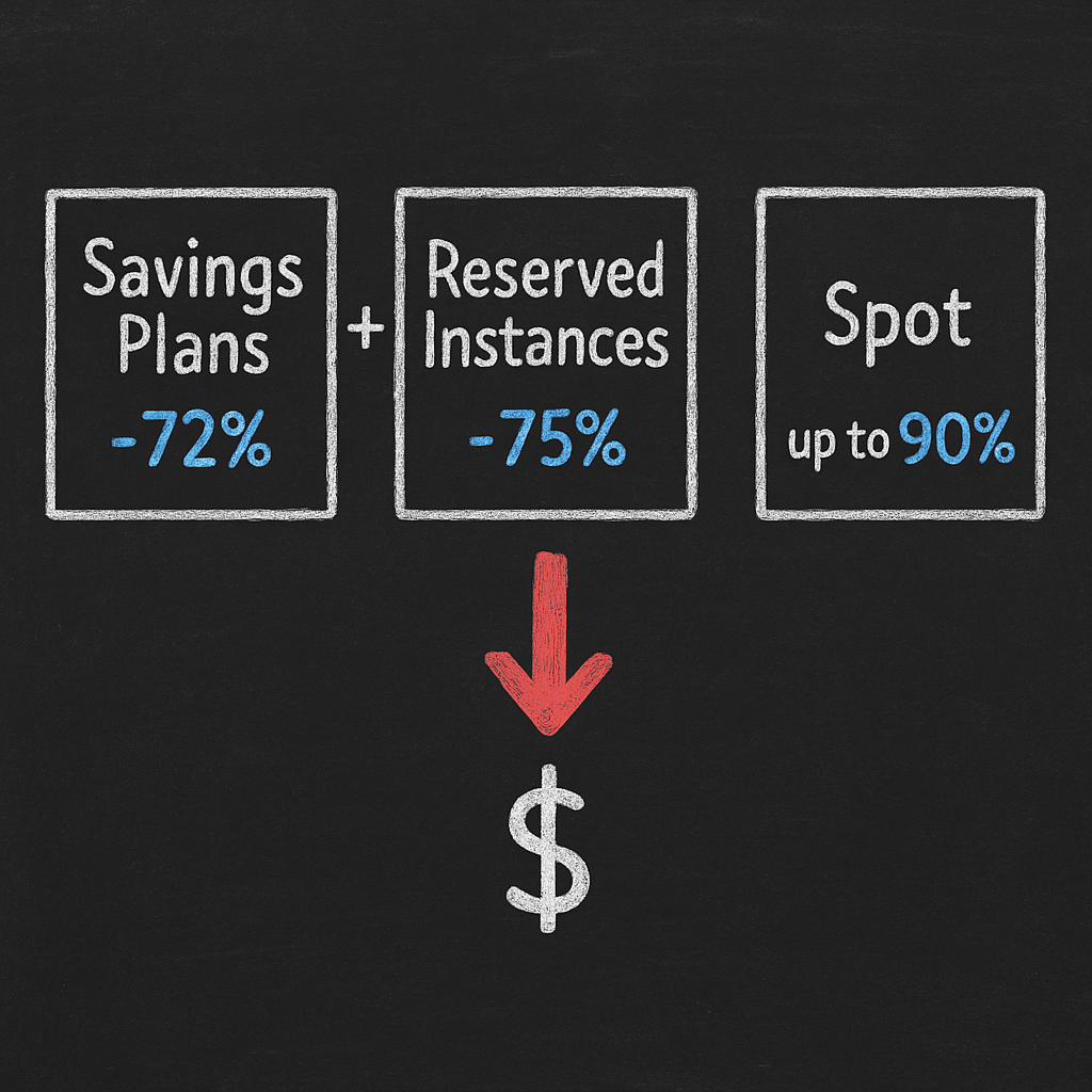 AWS Graviton vs x86 price-performance with 40–60% savings and downward cost arrow (blackboard sketch).