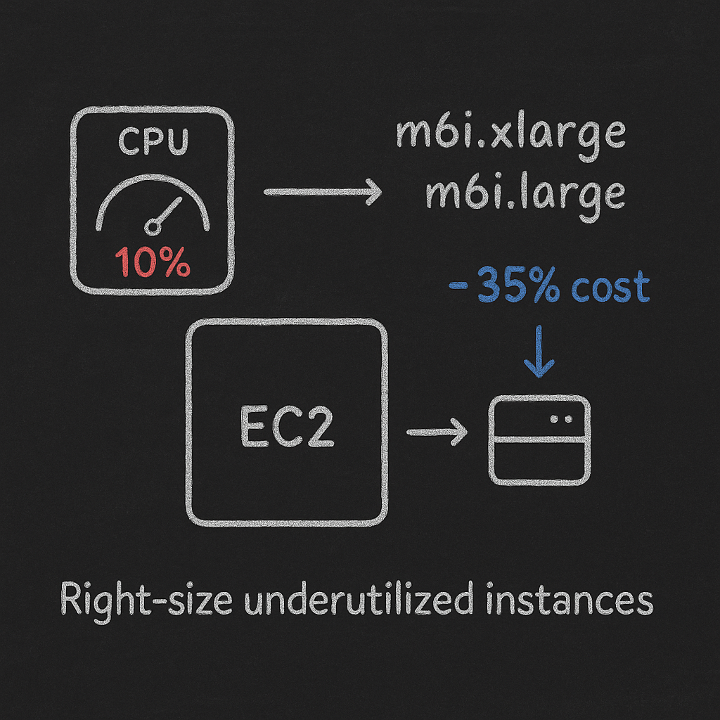 Rightsizing EC2: downsize low-CPU instances to cut about 35% cost.