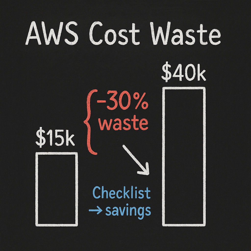 AWS cost waste chalkboard: 30% waste, $15k vs $40k, checklist leads to savings.