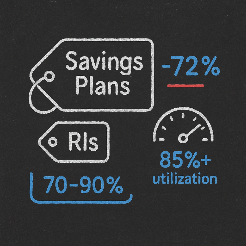 Savings Plans vs Reserved Instances chalkboard: up to 72% discount, target 85% utilization.