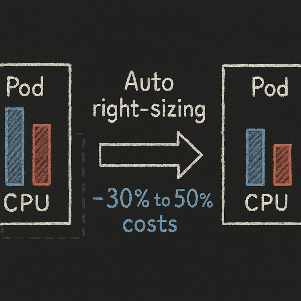 Chalk diagram: Kubernetes pod auto right-sizing cuts costs 30–50%.