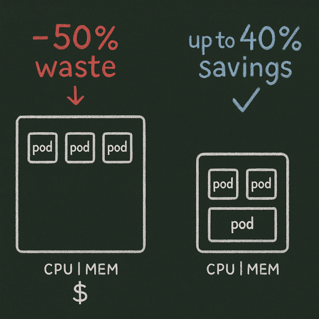 Chalk diagram: predictive autoscaling with Spot and Reserved mix saves up to 40% on AWS EKS.