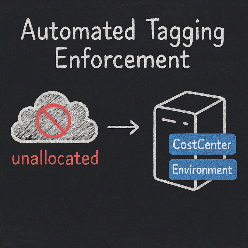 Chalk illustration of automated tagging enforcement moving unallocated spend to tagged resources with CostCenter and Environment.