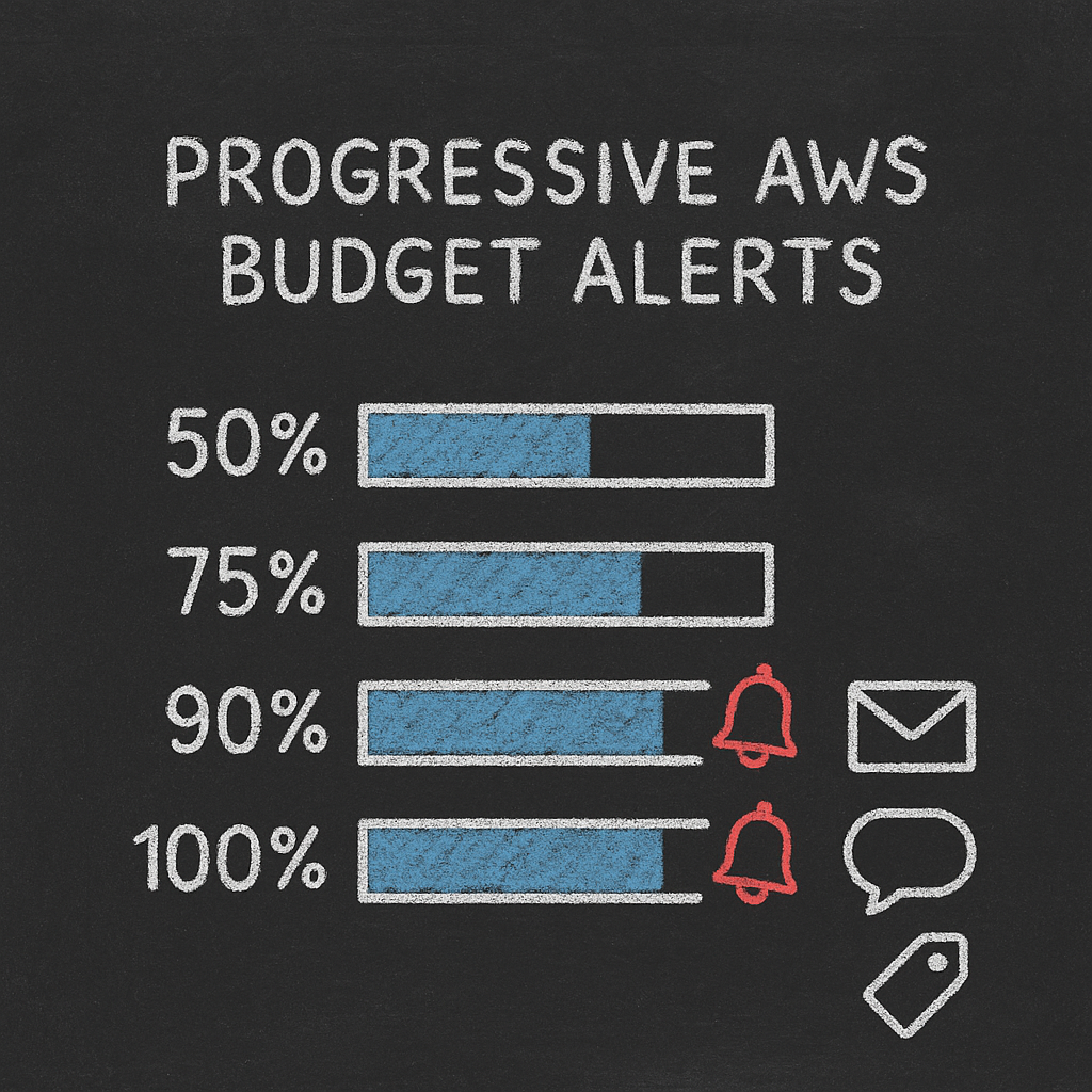 Progressive AWS Budget alerts at 50%, 75%, 90%, and 100% shown as simple chalk bars with blue fills and red bells.