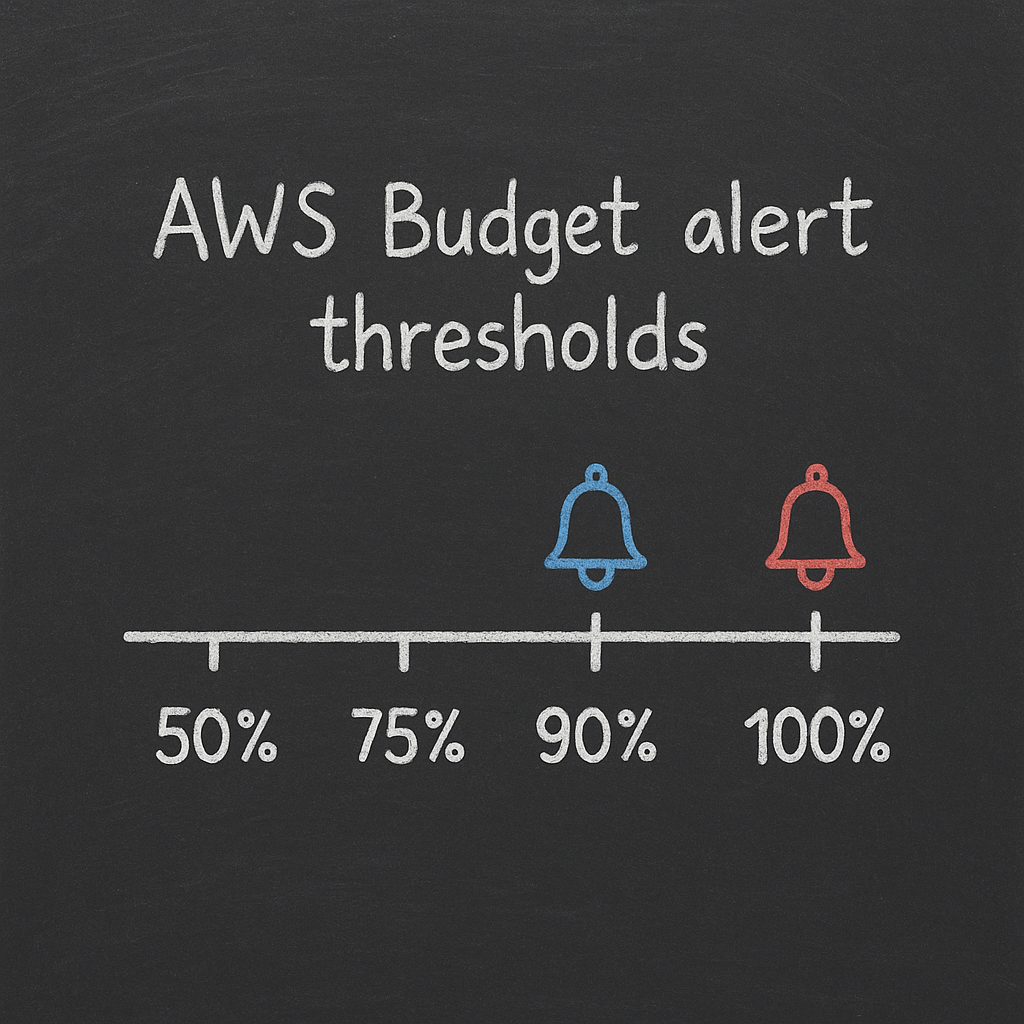Four pillars of AWS cost optimization—right-sizing, elasticity, pricing models, and storage—minimal blackboard chalk icons in white with blue and red accents.