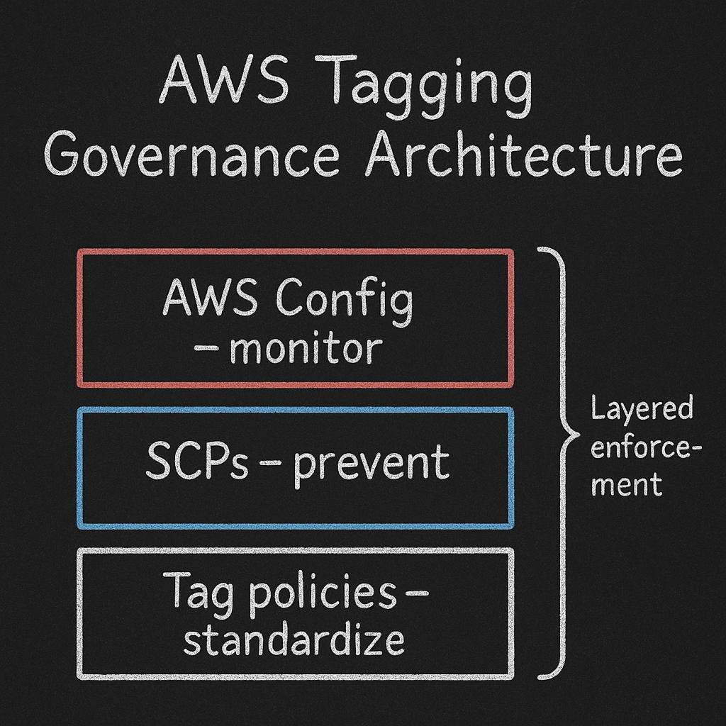Chalk diagram of AWS tagging governance layers: Tag policies standardize, SCPs prevent, AWS Config monitors.