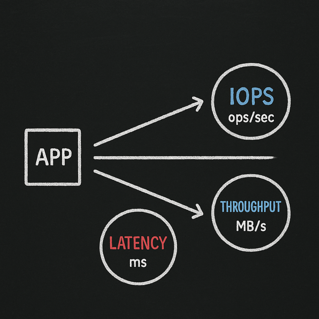 Blackboard diagram showing IOPS (ops/sec), Throughput (MB/s), and Latency (ms) as distinct metrics