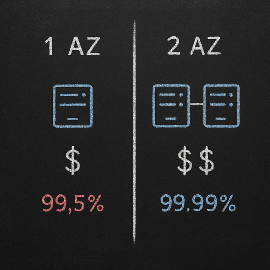 Chalkboard diagram comparing single-AZ vs multi-AZ: higher cost, higher uptime (99.5% vs 99.99%)