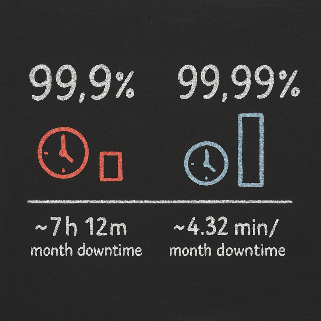 Chalkboard comparison of 99.9% vs 99.99% uptime with monthly downtime 7h12m vs 4.32m