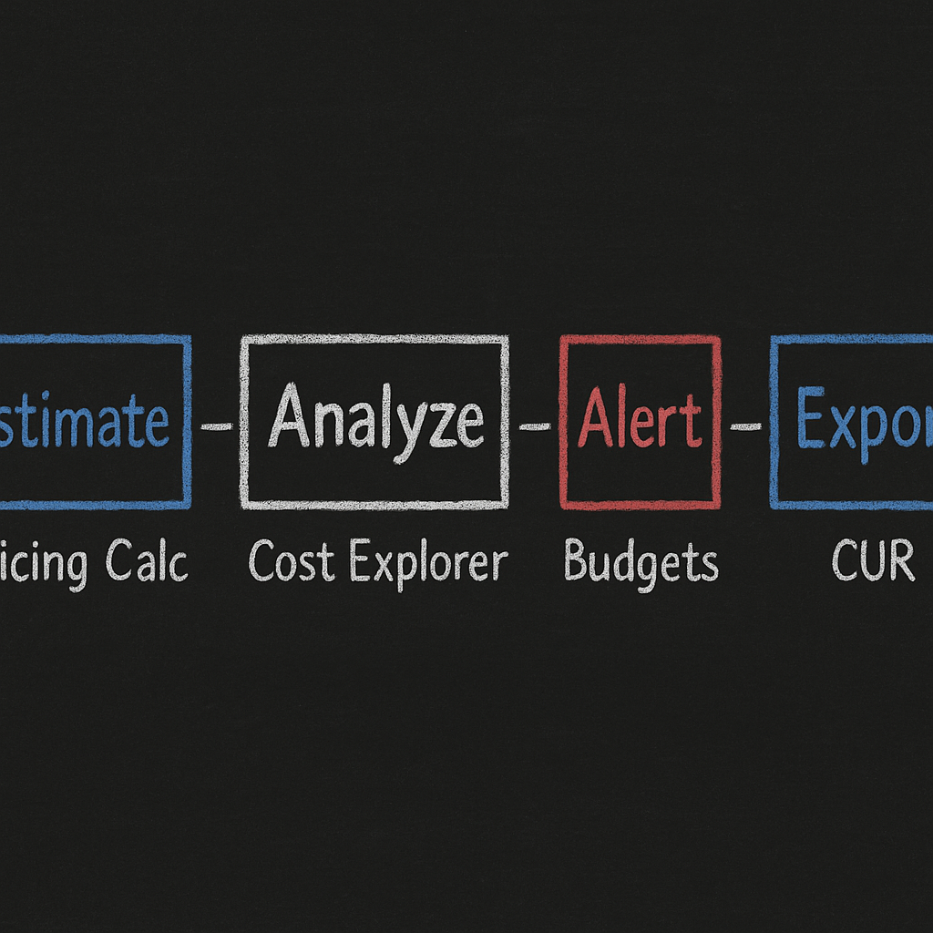 Blackboard flow: Estimate → Analyze → Alert → Export linking Pricing Calculator, Cost Explorer, Budgets, and CUR in white, blue, and red chalk.