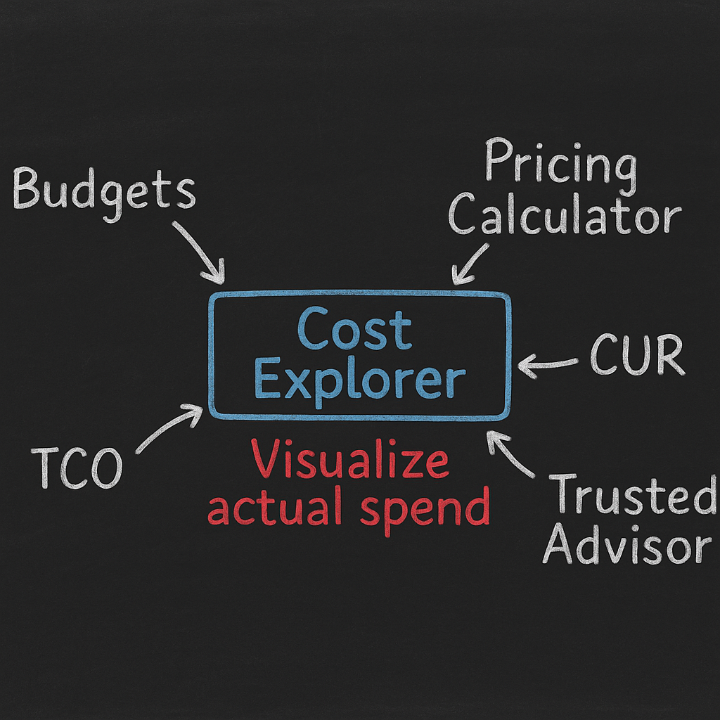 Blackboard diagram with AWS Cost Explorer at center; arrows to Budgets, Pricing Calculator, CUR, Trusted Advisor, and TCO; red text 'Visualize actual spend'.