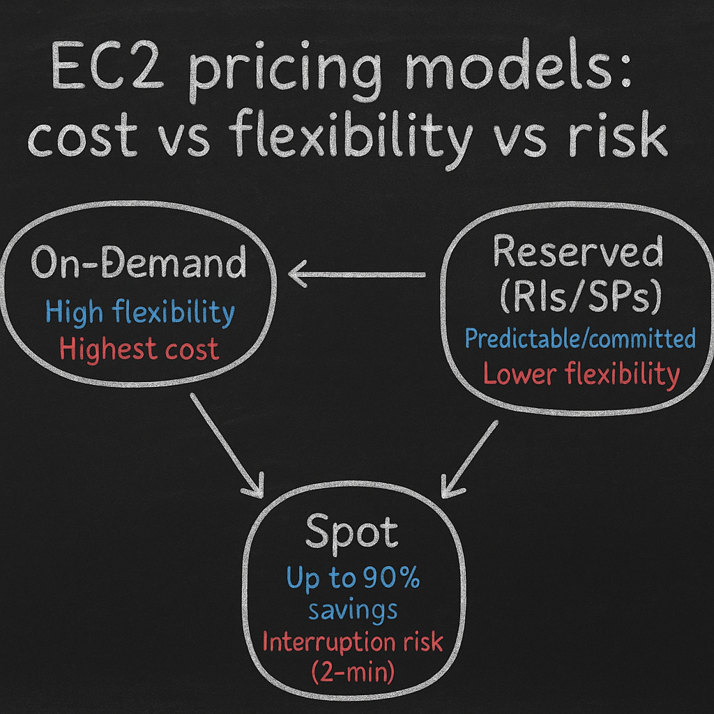Blackboard diagram: On‑Demand vs Reserved vs Spot—cost, flexibility, and 2‑minute interruption risk; minimalist white/blue/red chalk