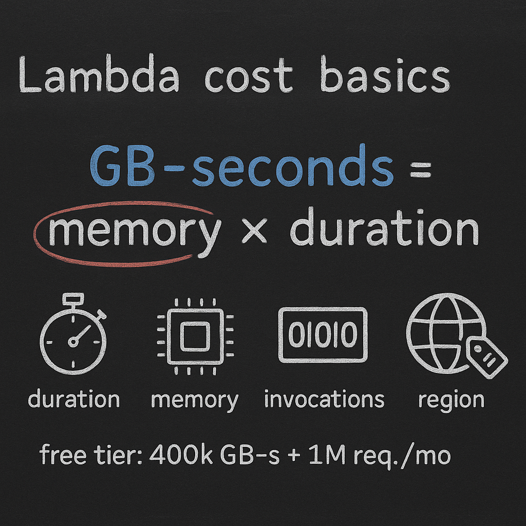 AWS Lambda cost basics: GB-seconds = memory × duration, with icons for duration, memory, invocations, region, and free tier.