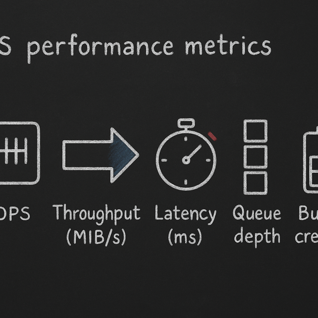 Blackboard diagram of EBS performance metrics: IOPS, throughput, latency, queue depth, and burst credits.