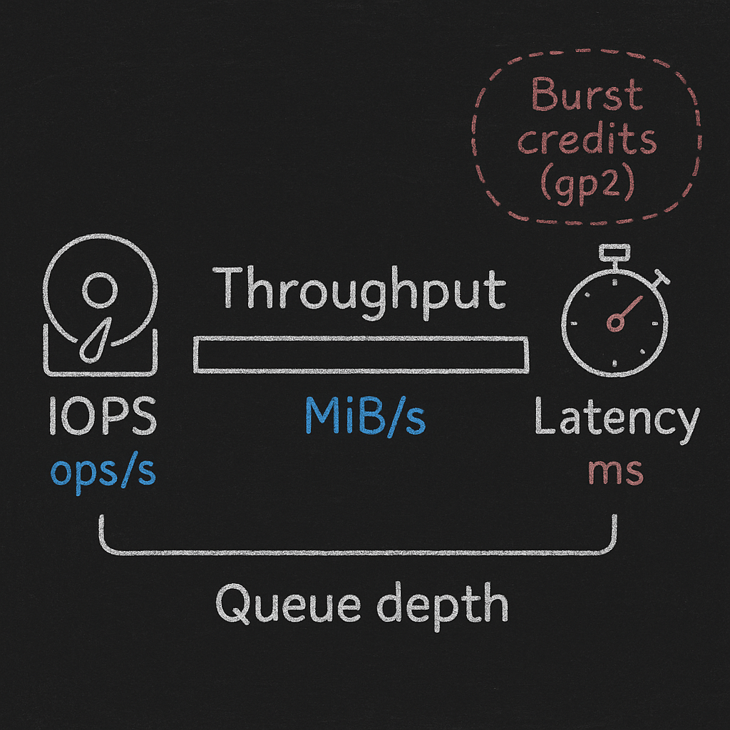 Blackboard flow of EBS benchmarking: EC2 instance, attach volume, run FIO, review results.