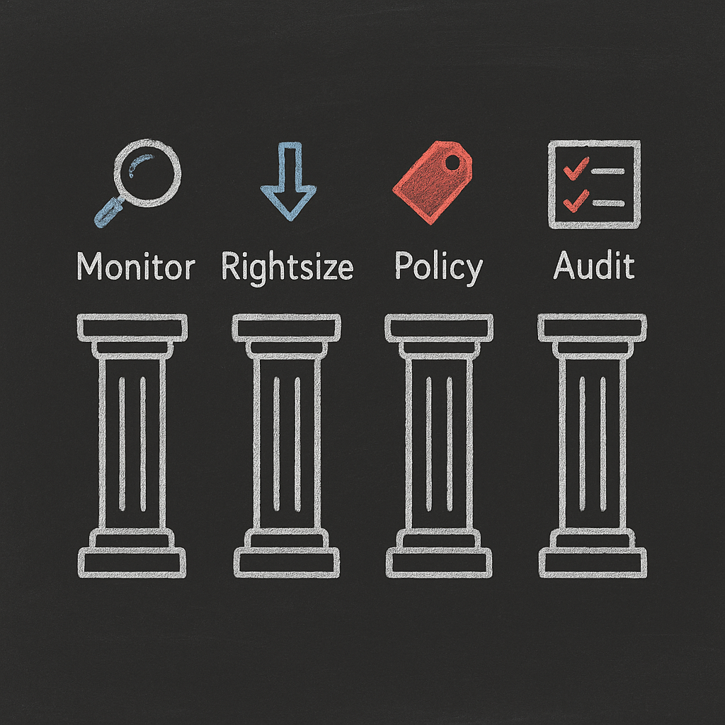 Blackboard illustration: simple icons for Monitor, Rightsize, Policy, Audit above four pillars.
