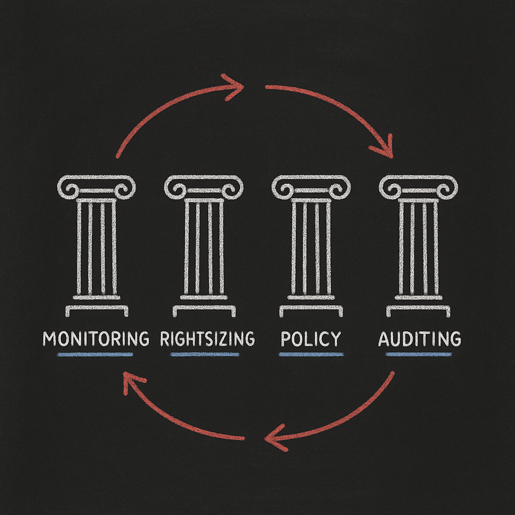 Blackboard illustration: four pillars—Monitoring, Rightsizing, Policy, Auditing—with red arrows showing continuous cycle.