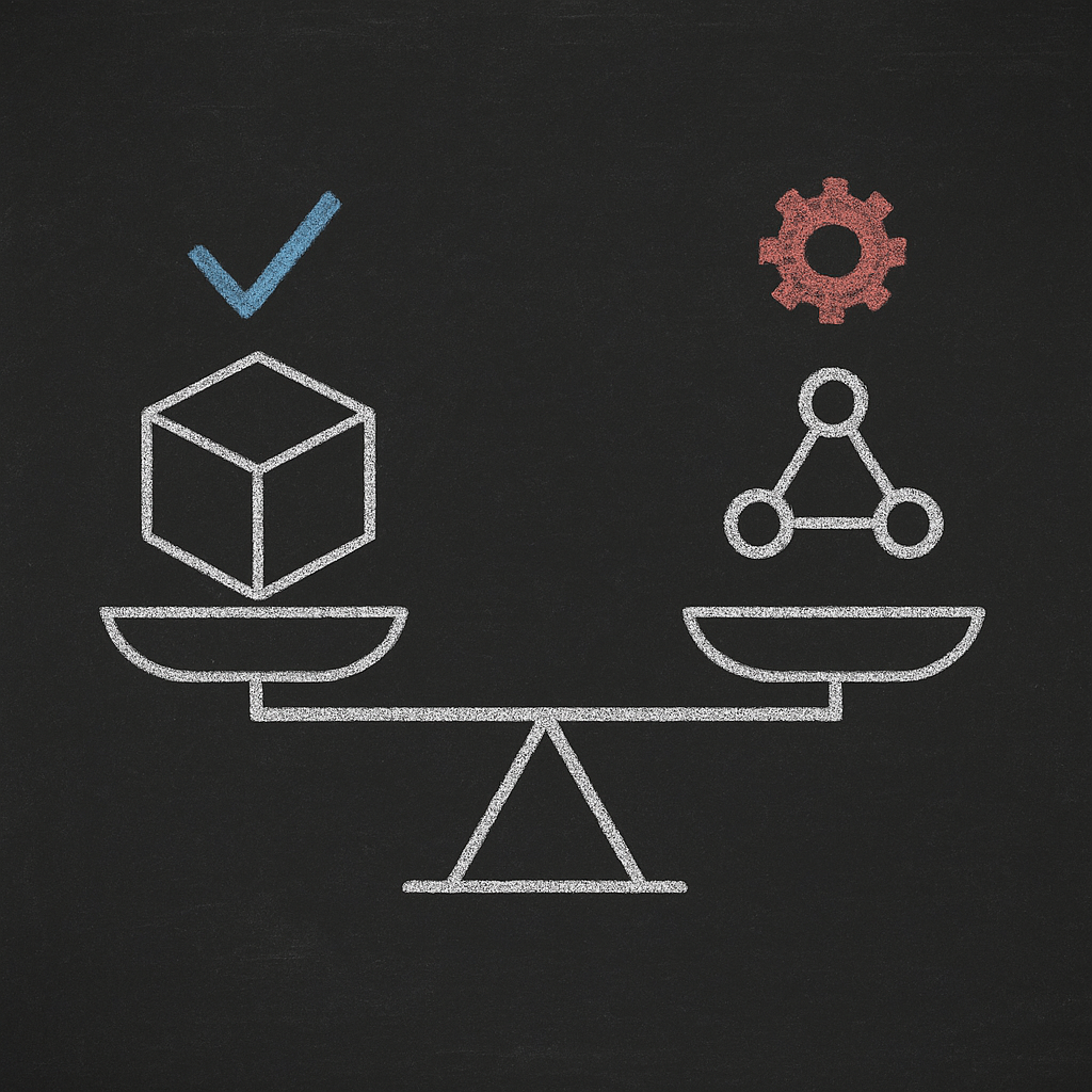 Blackboard sketch comparing ECS simplicity vs EKS flexibility.