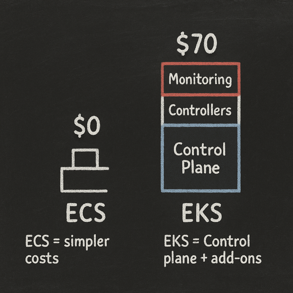 Blackboard cost sketch: ECS $0 control plane vs EKS ~$70 per cluster plus add-ons.