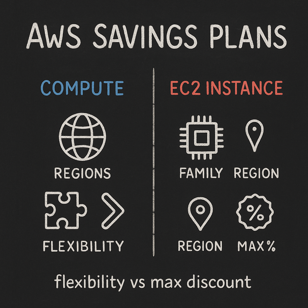 Simple decision guide: when to choose Compute Savings Plans for flexibility vs EC2 Instance Savings Plans for maximum discount.