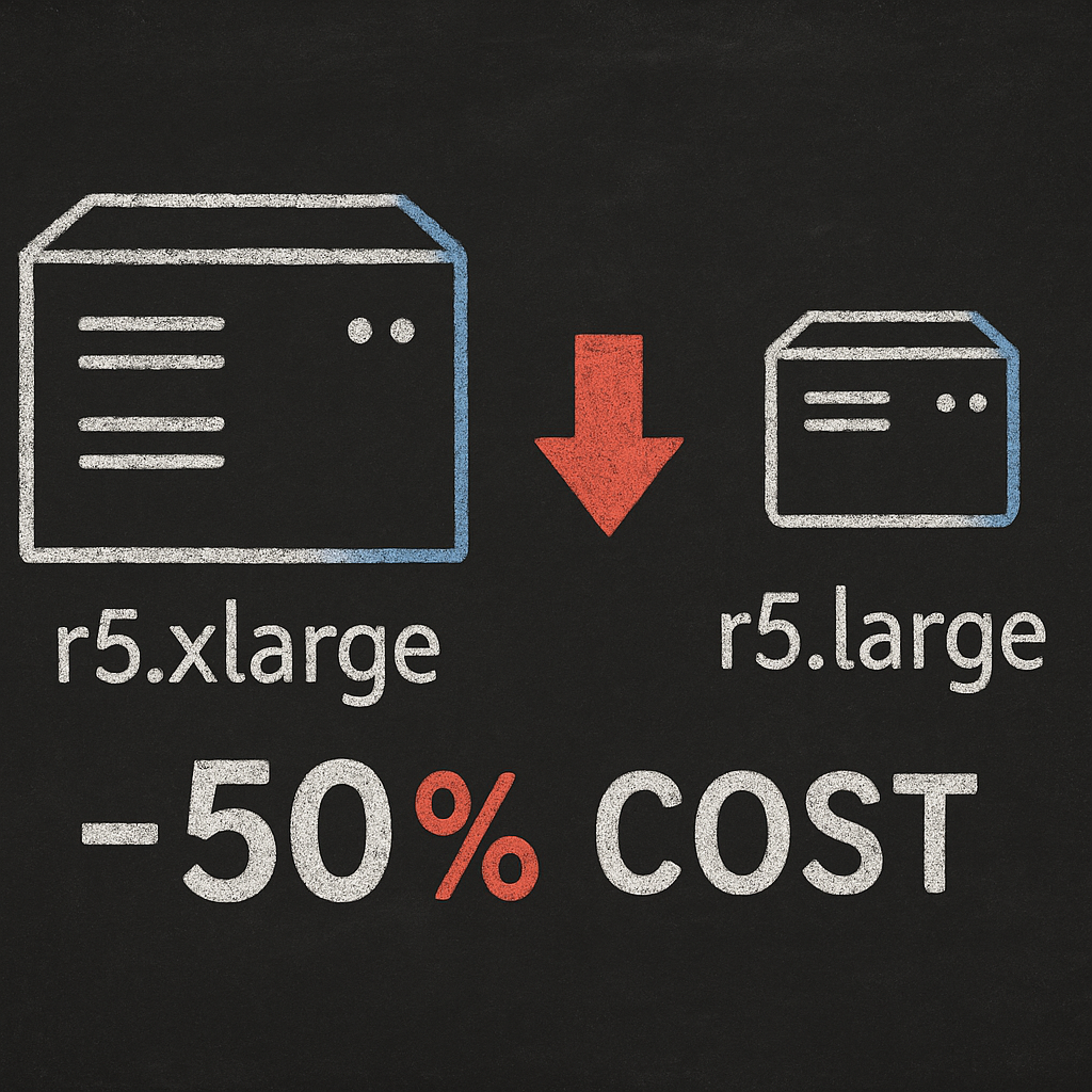 Rightsizing example: r5.xlarge down to r5.large equals 50% lower cost, simple blackboard chalk illustration with white, blue and red accents.