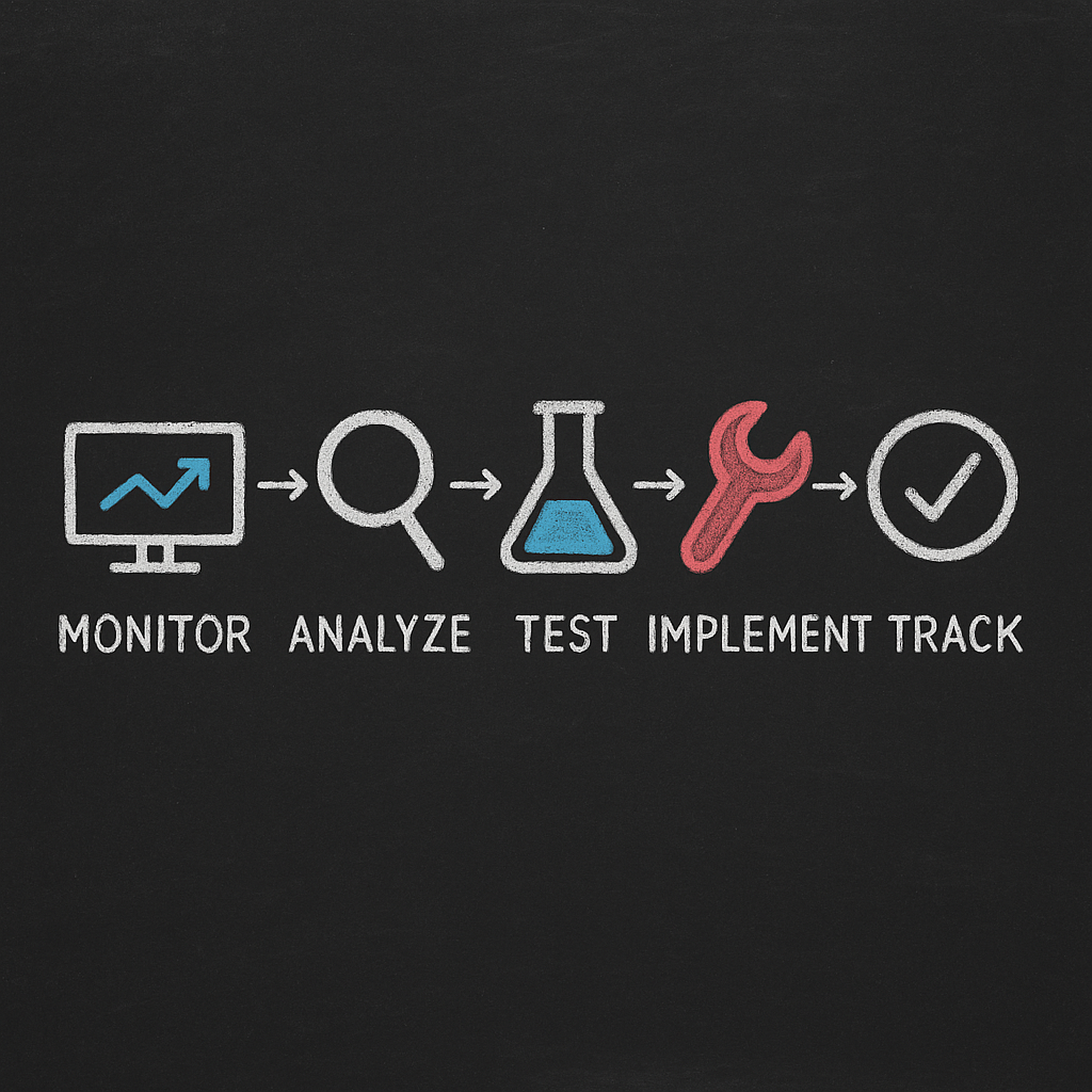 Rightsizing workflow: Monitor → Analyze → Test → Implement → Track, minimal blackboard chalk illustration with blue and red accents.