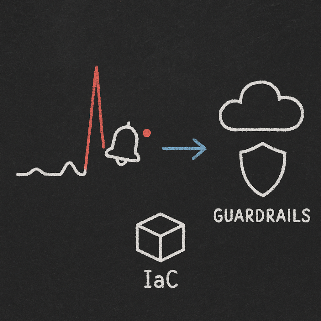 Blackboard sketch of a red cost spike with an alert bell pointing to cloud guardrails and IaC, in white, blue, and red chalk.