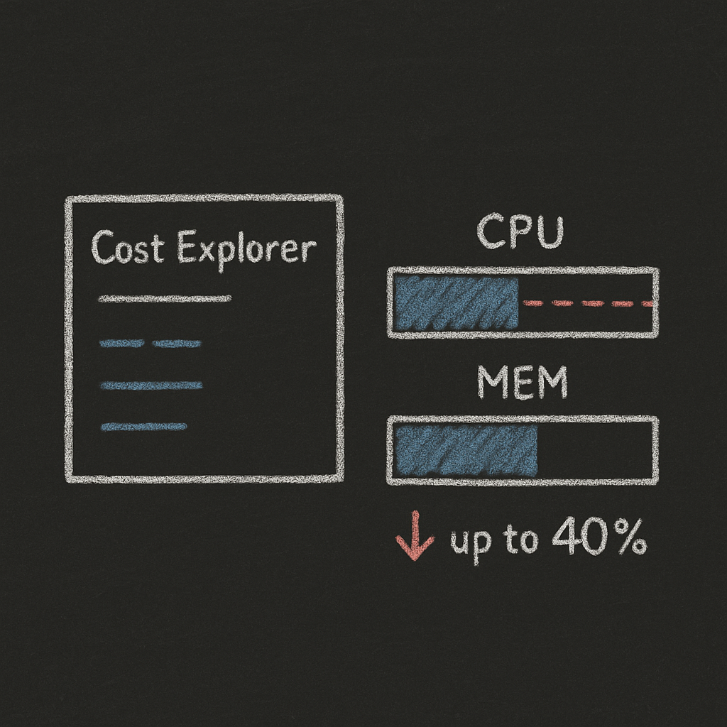 Blackboard sketch: AWS Cost Explorer with CPU and memory utilization bars and a red arrow indicating up to 40% savings