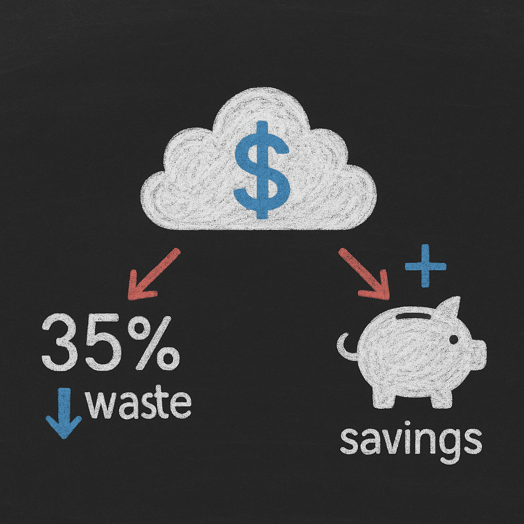 Blackboard illustration: cloud cost 35% waste vs savings, simple chalk icons in white, blue and red.