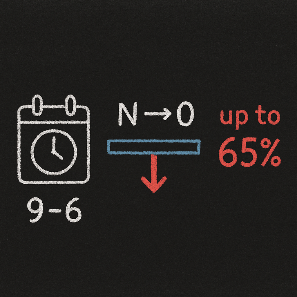 Blackboard illustration: schedule 9–6 with tasks scaled from N to 0 and a red arrow showing up to 65% savings