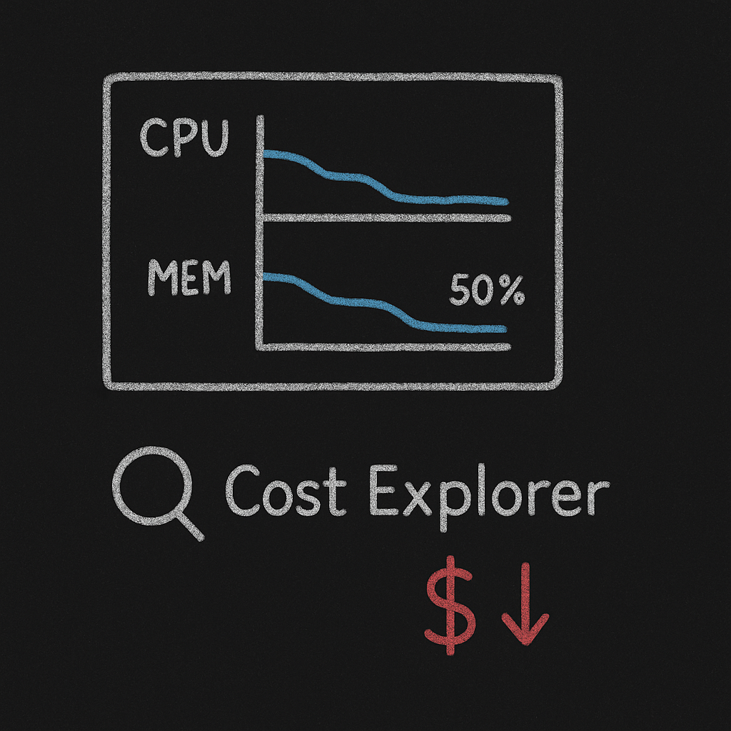 Blackboard chart: right-size ECS Fargate tasks to around 50% CPU and memory utilization to reduce costs