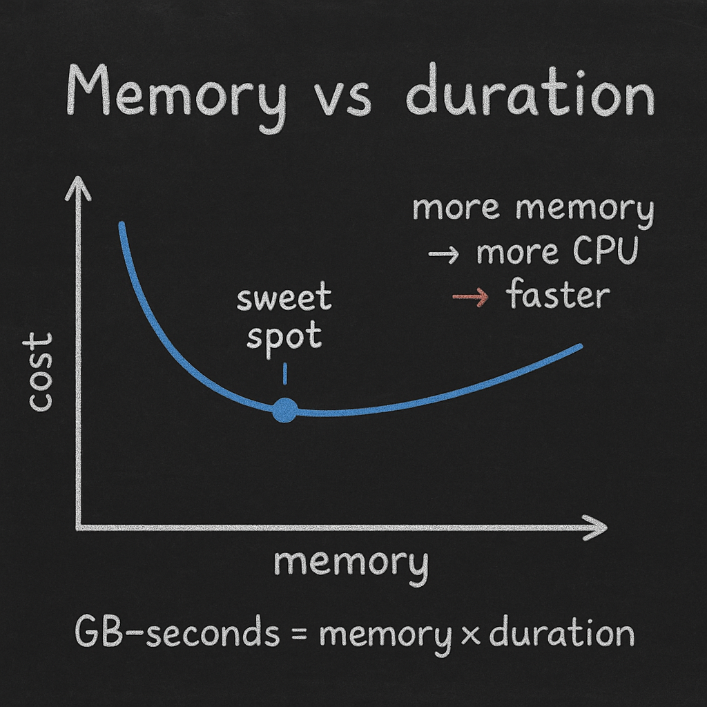 AWS Lambda memory vs duration tradeoff curve highlighting the sweet spot and GB-seconds formula.